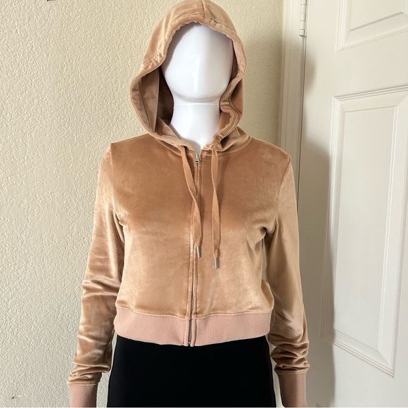Aerie Velour light Brown Cropped Long Sleeve Hooded Full Zip Sweater Small - Picture 1 of 8